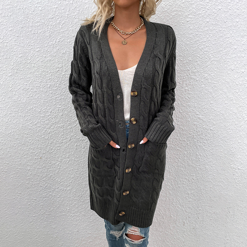 Suéter de punto largo estilo lluvia fina europeo y americano para mujer, otoño/invierno 2025, cárdigan nuevo con botones, ideal para comercio exterior, disponible en Amazon.