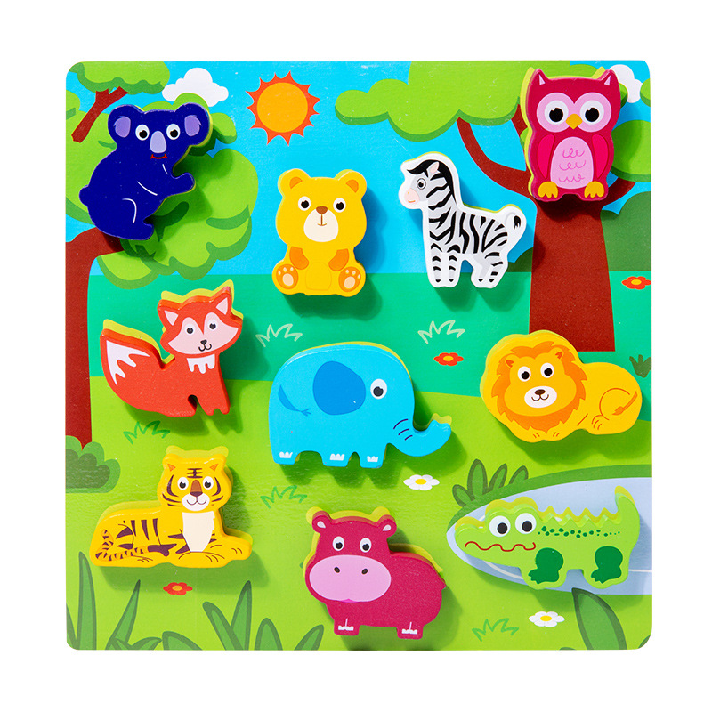 Jardín de infantes iluminación cognitiva infantil dibujos animados cognición animal agarrar tablero de madera puzzle tridimensional juguetes de madera image 6