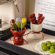 可爱甜品水果签水果叉家用餐具不锈钢高颜值喜庆收纳罐小叉子套装