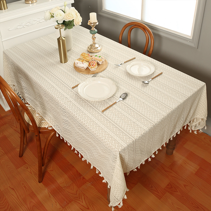ins 美式复古乡村镂空编织桌布家用长方形餐桌布蕾丝流苏桌垫批发