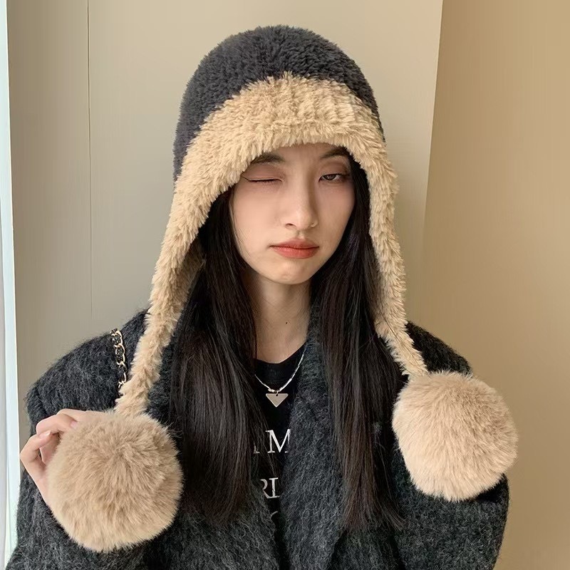 冬季防寒帽大头围毛绒挂球可爱护耳帽子女遮耳加绒加厚拼色针织帽|undefined