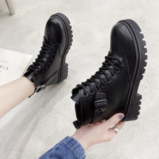 Fashionable Casual Platform Thick-Soled Lace-Up Boots 2024 New European and American Women's Thick-Soled Black Women's Boots