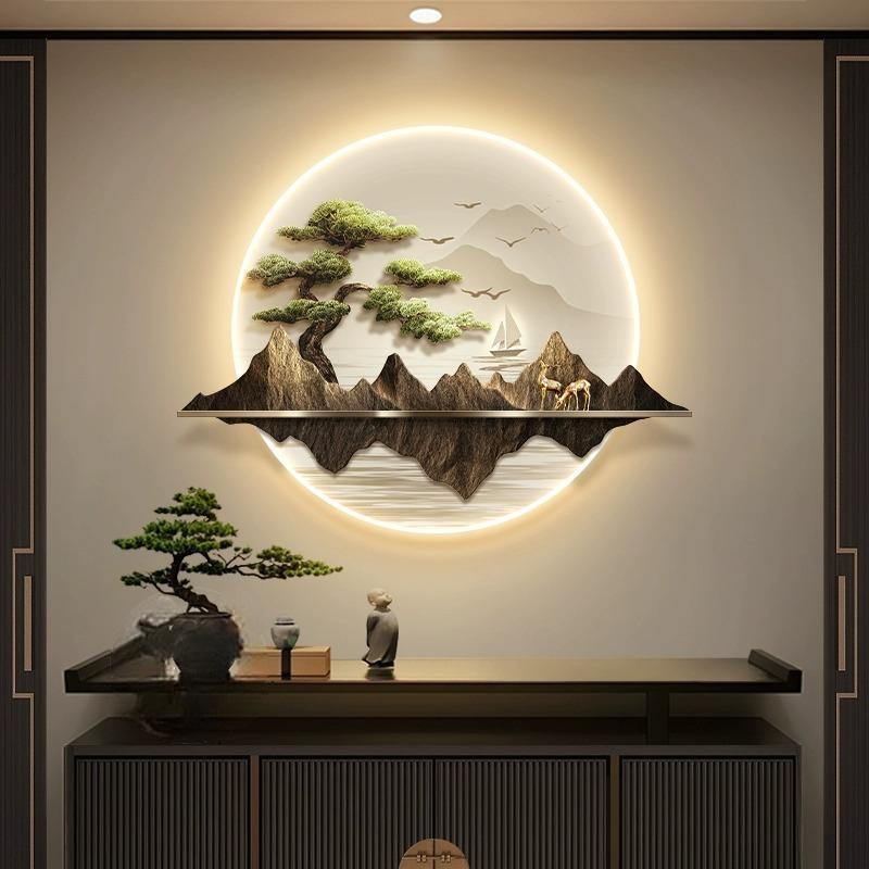 新中式玄关装饰画 画圆形入户迎客松山水壁画 画灯高档禅意茶室书