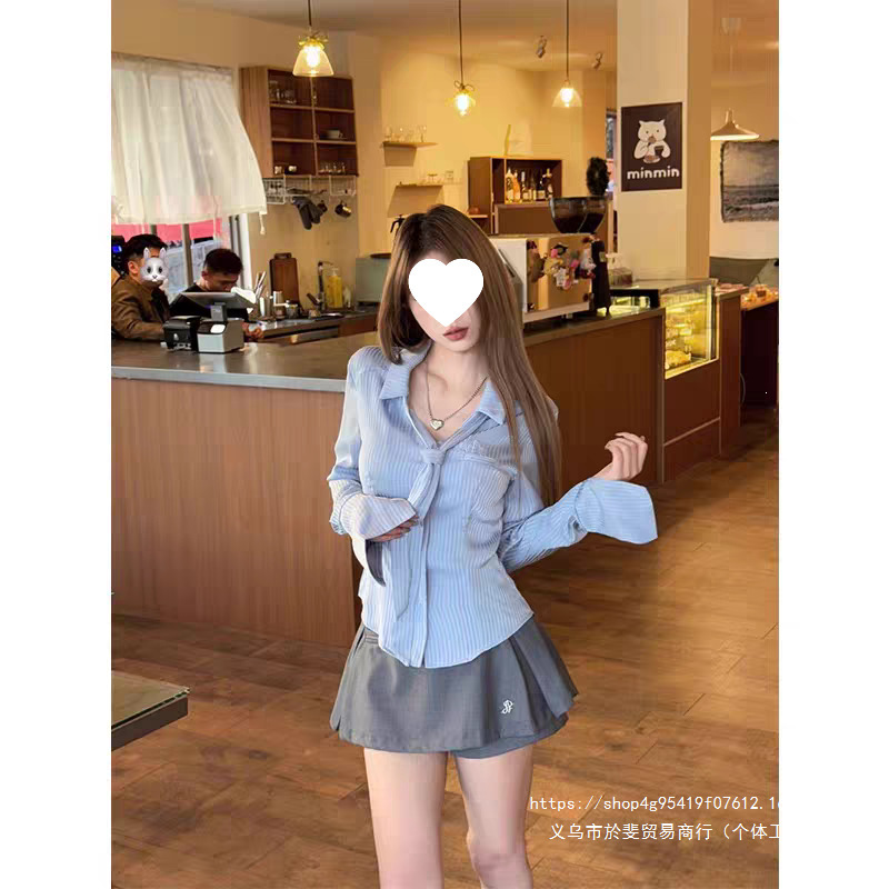 Satin tie striped waist-cinching slim-fit long-sleeve shirt top for women, 2026 autumn new style, pure and sexy sweet girl shirt