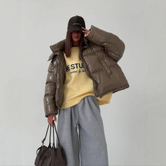 外贸新款亮面科技感棉服女围巾领保暖慵懒风面包服棉袄外套潮女士