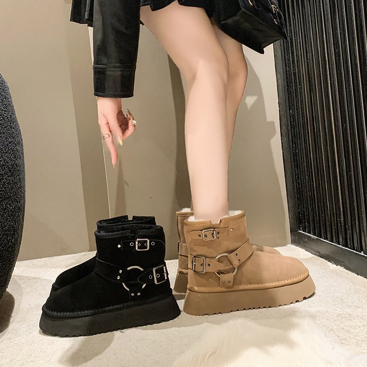 Cizme de zăpadă cu talpă groasă pentru femei, iarna 2023, noi, din pluș și izolație groasă, burete, cizme scurte de zăpadă din bumbac_voghion.com