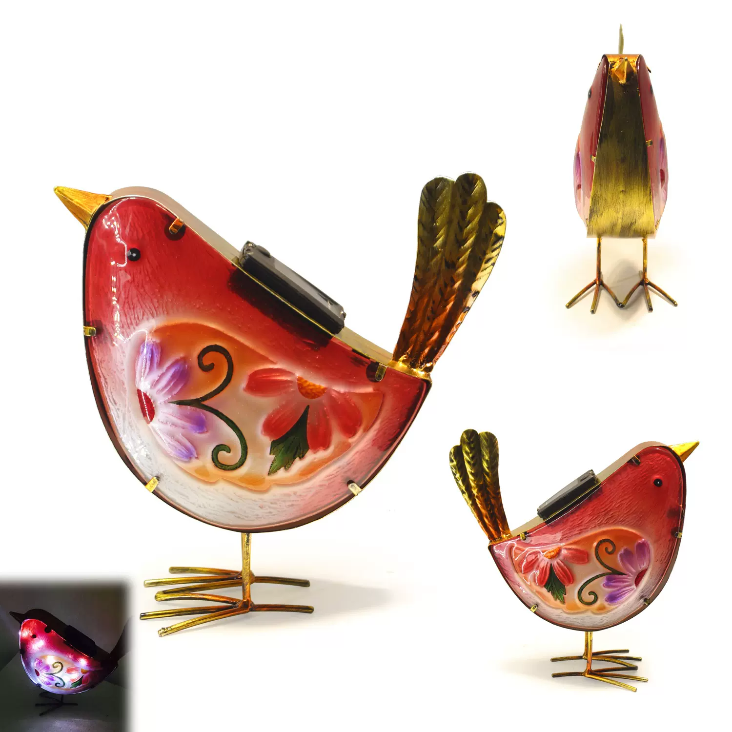 红色太阳能小鸟玻璃摆件 花园摆设桌面 家居摆设