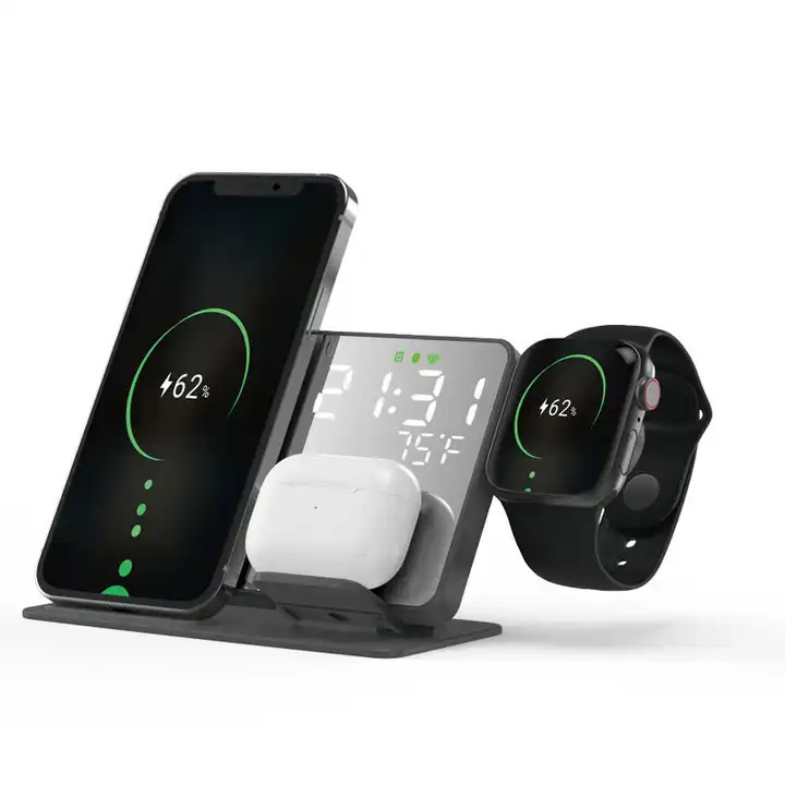新型クロスボーダー四合一15w無線充電器携帯電話イヤホン腕時計無線充電時計温度表示|undefined