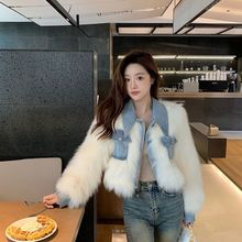2025牛仔拼接毛毛短外套仿皮草加棉加厚小个子女冬季高腰时尚短款