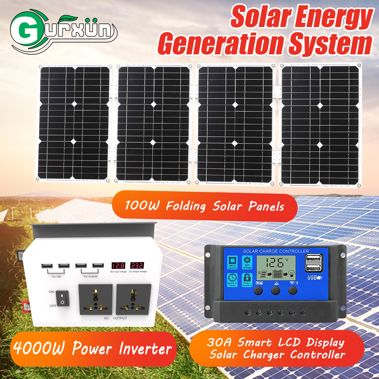 DC 12V to AC 110V inverter 100W folding solar panel 30A controller solar suit