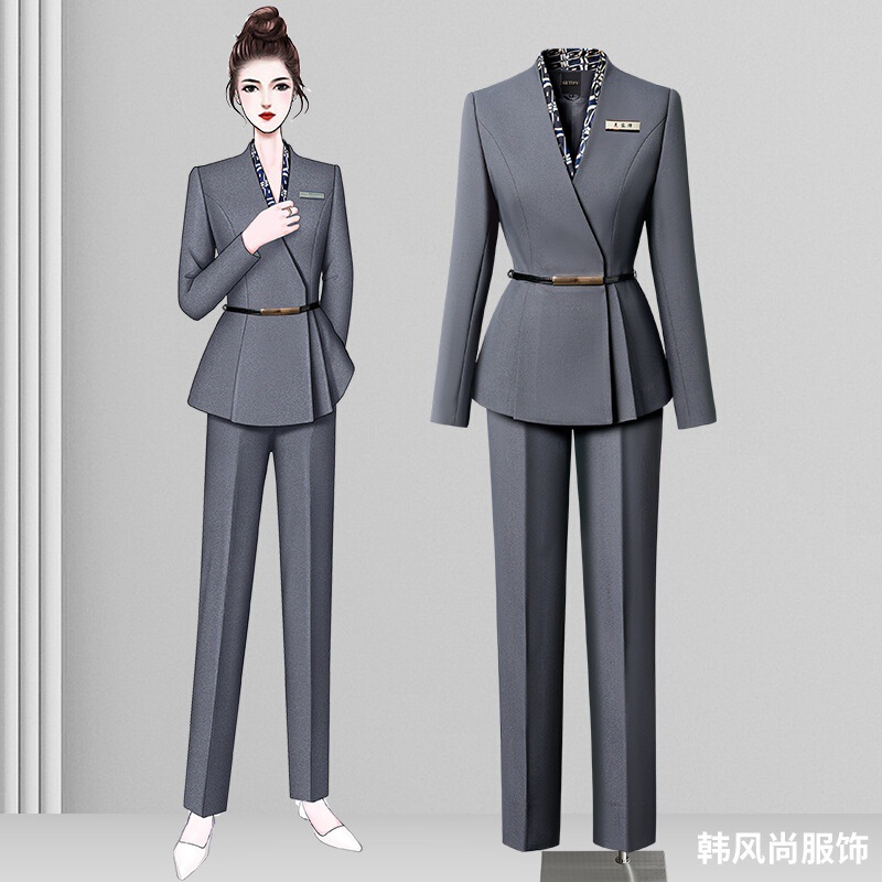 Grey High-end Professional suit Women's Autumn and Winter Waist Suit Hotel Reception Work Clothes Jewelry Store Work Clothes