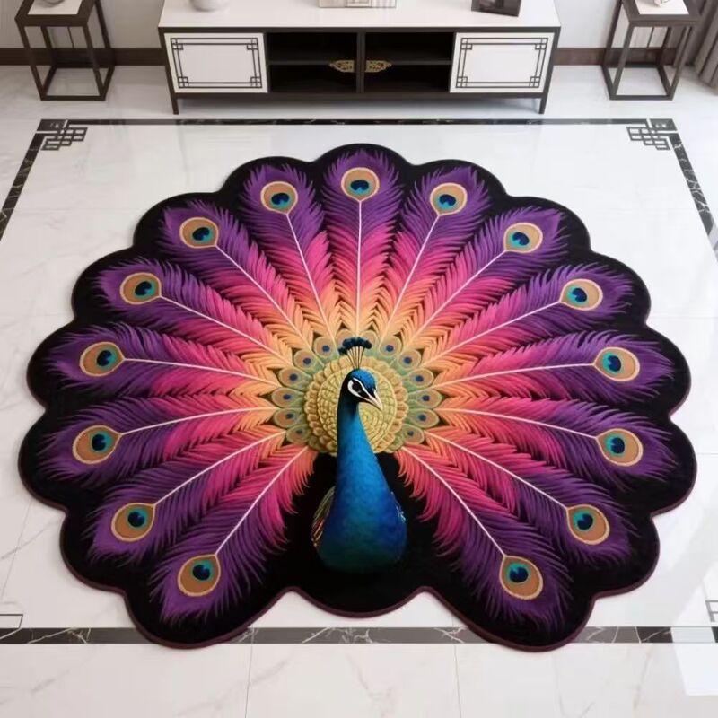 3D效果孔雀花卉圆形水晶绒印花地毯家用装饰客厅防滑易打理沙发毯|undefined