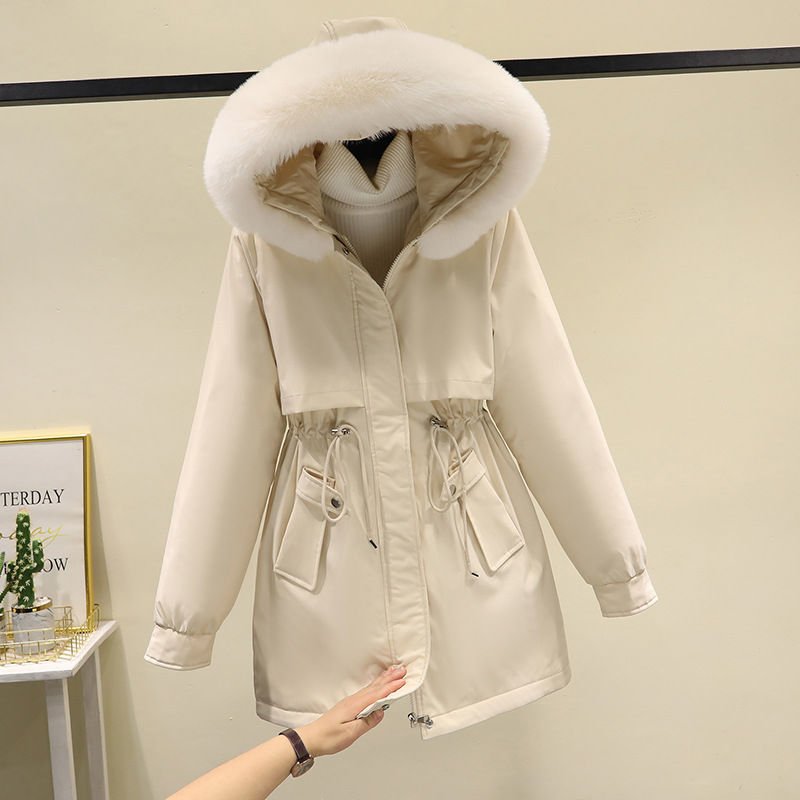 Comercio exterior ropa de algodón de mujeres mediana larga tirada para superar 2023 gran cuello encapuchado chaqueta de algodón de plumón de invierno abrigo cálido