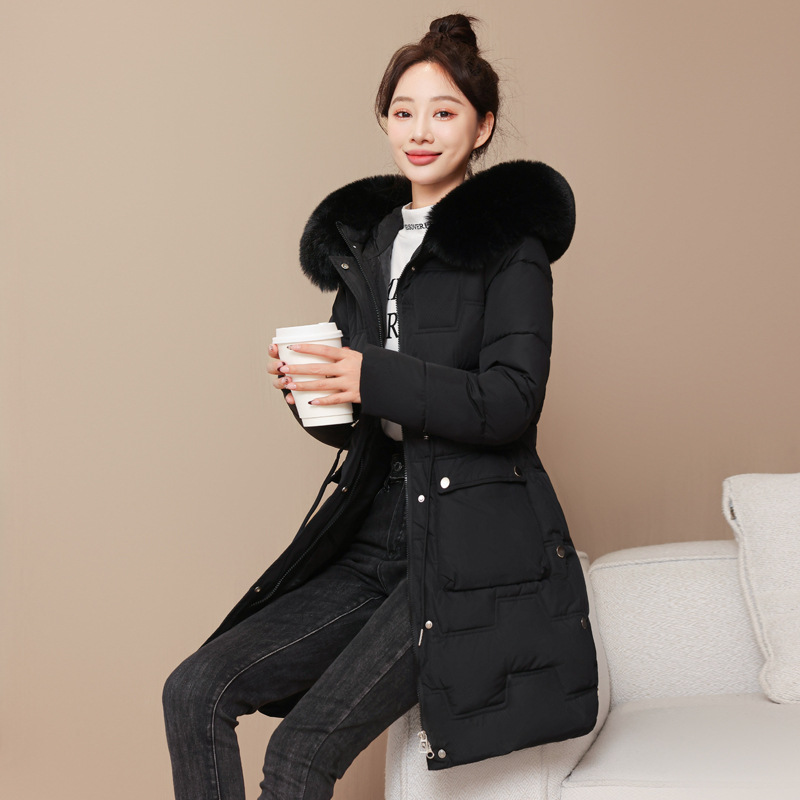 Algodón de invierno de mujer coreana chaqueta de algodón 2025 nuevo estilo coreano de cintura larga delgada chaqueta de algodón de cuello grande engrosado