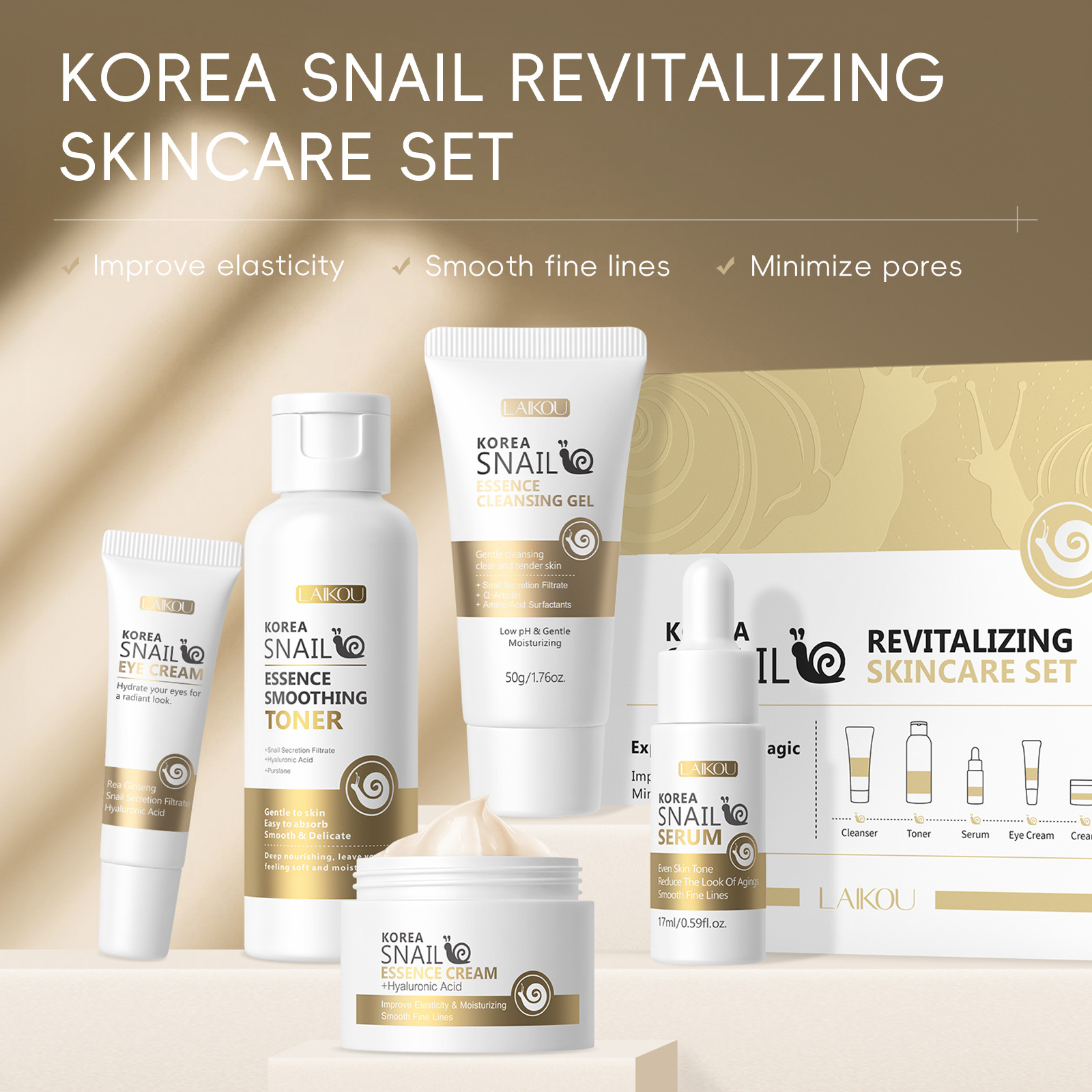 Cross-border new LAIKOU snail skin care five-piece set for facial care to brighten skin tone, manufacturer's skin care products in stock Item Picture