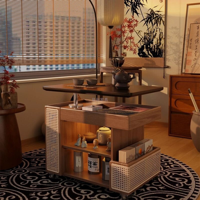 Solid Wood Mobile Wheeled Bus Small Apartment Lift Coffee Table Living Room Sofa Rotating Trolley Side Cabinet Clearance