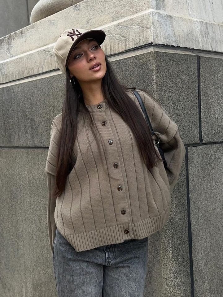 Áo cardigan len dệt kim cổ tròn dáng rộng tay dài nữ — màu vàng, màu xám nhạt chi tiết 26