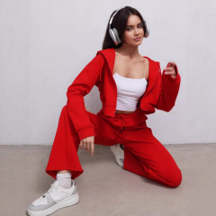 2025 春と秋の新女性の漏れベリーバンドフード付きジッパースウェットシャツワイドレッグパンツスポーツスーツ