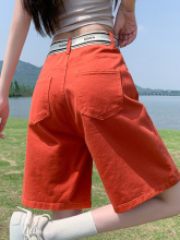 夏季薄款半裤松紧带红色牛仔短裤女款四分马裤阔腿中裤彩色五分裤