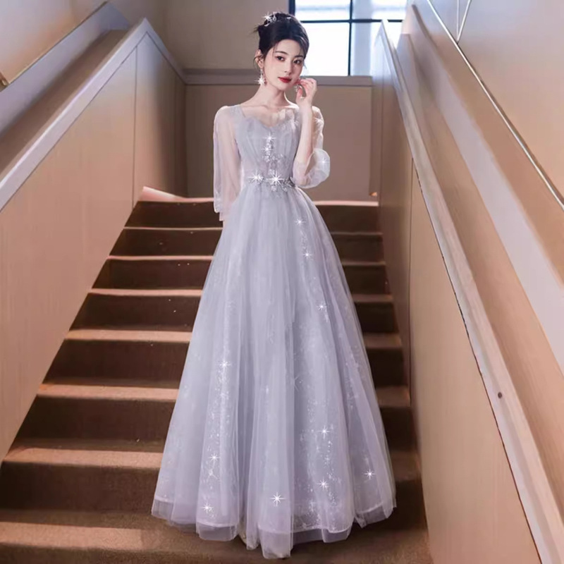 Evening dress banquet light luxury niche host dignified atmosphere dinner long long sleeve gauze dress student art examination dress