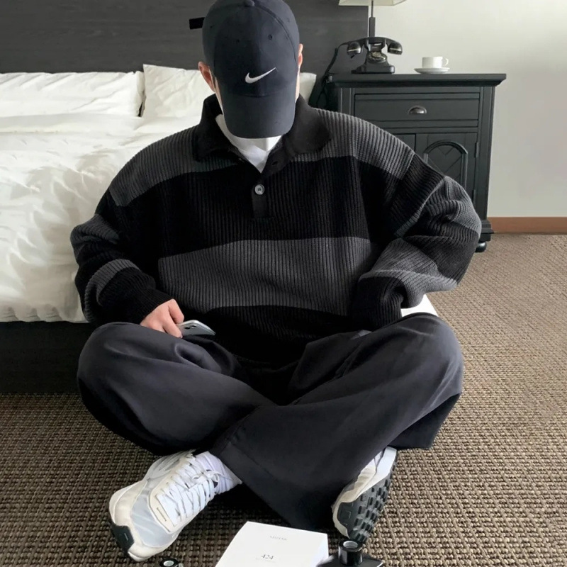 Men's Color Block Striped Knit Shirt 2025 Autumn Korean Style Trendy Collar Loose Casual Outerwear Men's Sweater