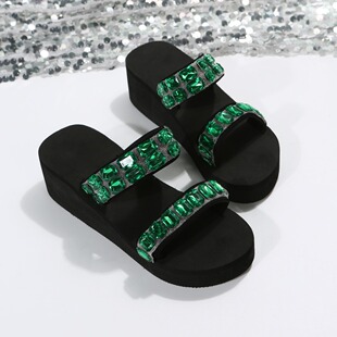Foreign trade plus size net red color bright diamond high heel women's sandals factory direct home comfortable beach slope mop