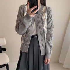秋冬季学院风甜美菱格花朵刺绣针织开衫毛衣百搭圆领系扣毛衣外套