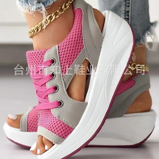 2023 cross-border large size summer new fish mouth fly woven leisure sports sandals Europe and the United States lace-up foreign trade women's beach shoes
