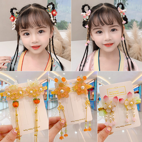 Chinese style children's Hanfu fairy dress headdress  for kids hairpin girls wig braid jade classical tassel hairpin hair accessories