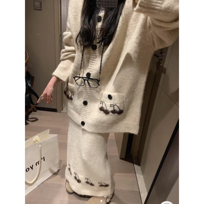 韩版chic樱桃针织开衫毛衣女外套中长裙冬氛围感套装慵懒两件套|undefined