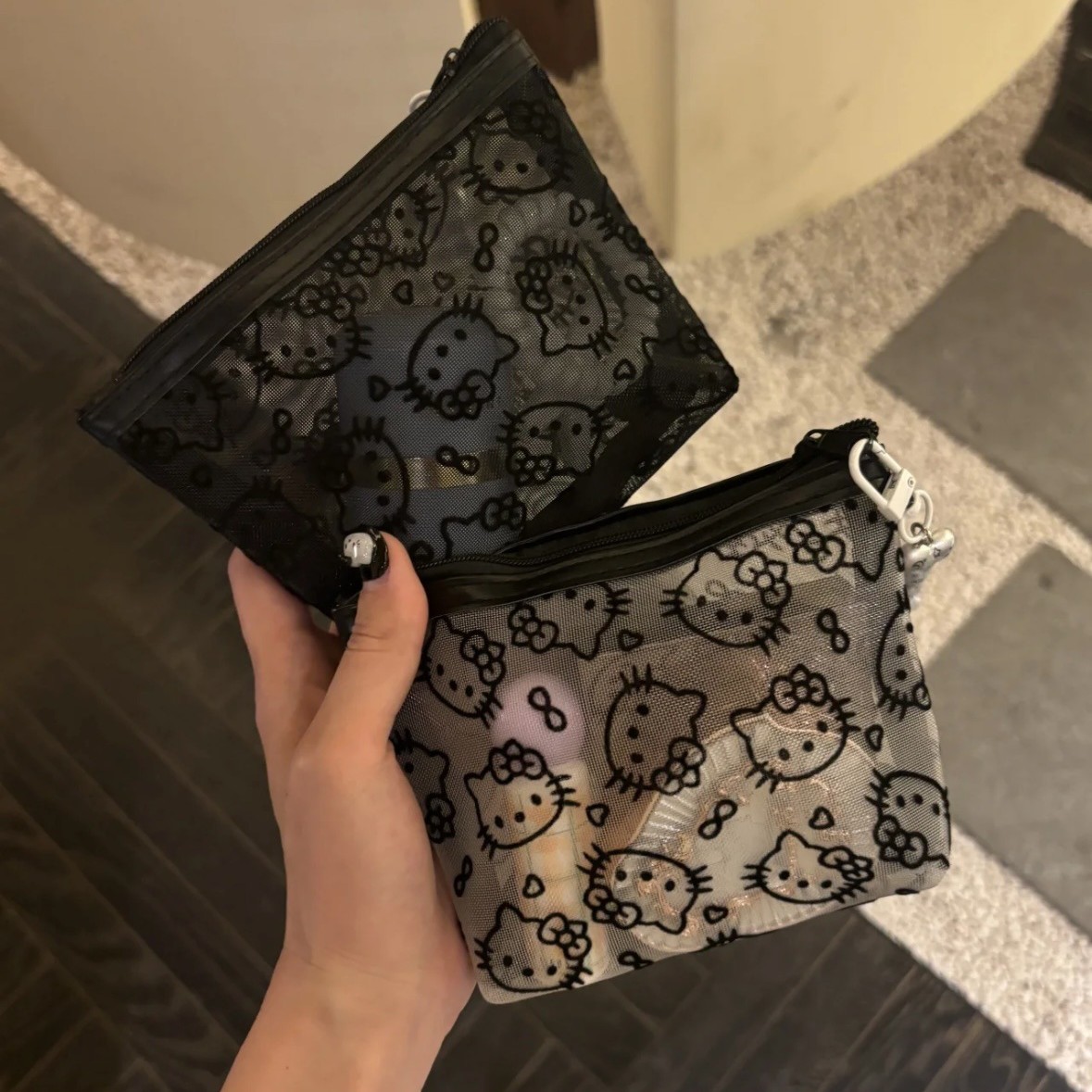 Cute Kitty Flocked Mesh Makeup Bag, Portable Travel Data Cable and Miscellaneous Storage Bag, Portable Small Clutch Bag