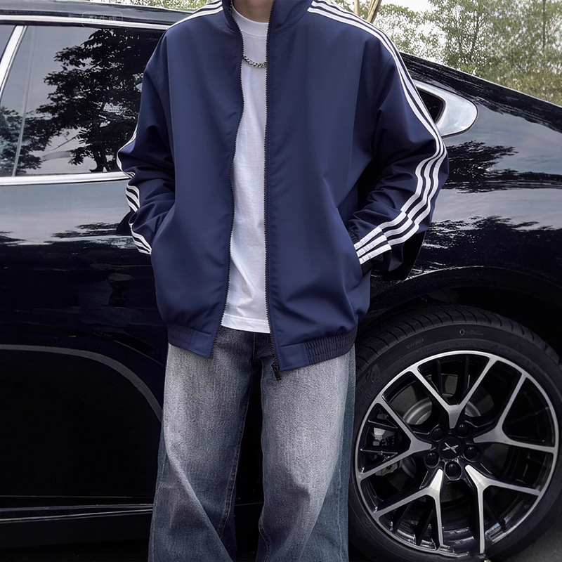 Dark Blue American Three-Stripe Jacket Men's Autum Outdoor Soft Shell Jacket Cleanfit Stripesd Sports Jacket