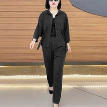 网红春夏秋新款宽松高档大码妈妈套装哈伦裤翻领半袖衬衫爆款