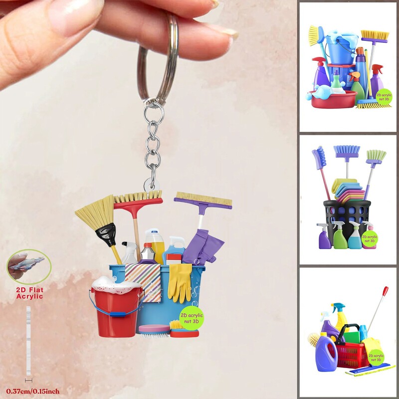 Cross-Border 2D Flat Acrylic Keychain Cleaning Tool Broom Mop Bucket Sponge Pendant Cross-Border Christmas Gift