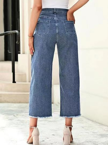 Independent station cross-border women's denim frayed straight leg nine-hole jeans, high-waisted, flattering, versatile jeans