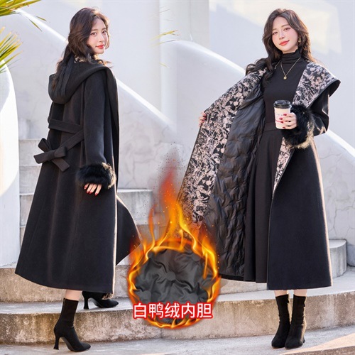 欧货羽绒服女2024冬季新款高端轻奢超好看长款过膝白鸭绒毛呢外套