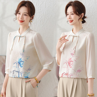 Summer New Middle-Aged and Elderly Women's Chiffon Three-Quarter Sleeve New National Style Shirt Plus Size Mother's Wear Loose Stand-Up Collar Top