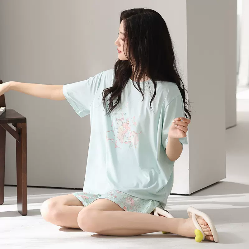 短袖睡衣女夏季莫代尔碎花甜美可爱可外穿薄款宽松大码女生家居服