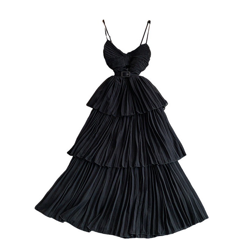 Women's French Style V-Neck Slip Dress Elegant Hollow Out Waist Cinching Slimming Pleated Long Skirt For Casual Elegant Fashion_ecoleips.com