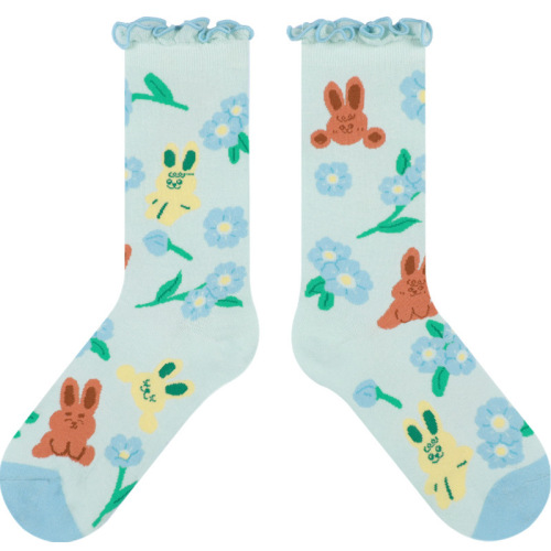 Socks for women spring and summer new rabbit cartoon combed cotton cute pastoral style mid-calf socks sweat-absorbent and deodorant women's socks