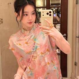 26夏季人丝提花新中式粉鎏金调山水提花国风上衣立领斜襟小衫146