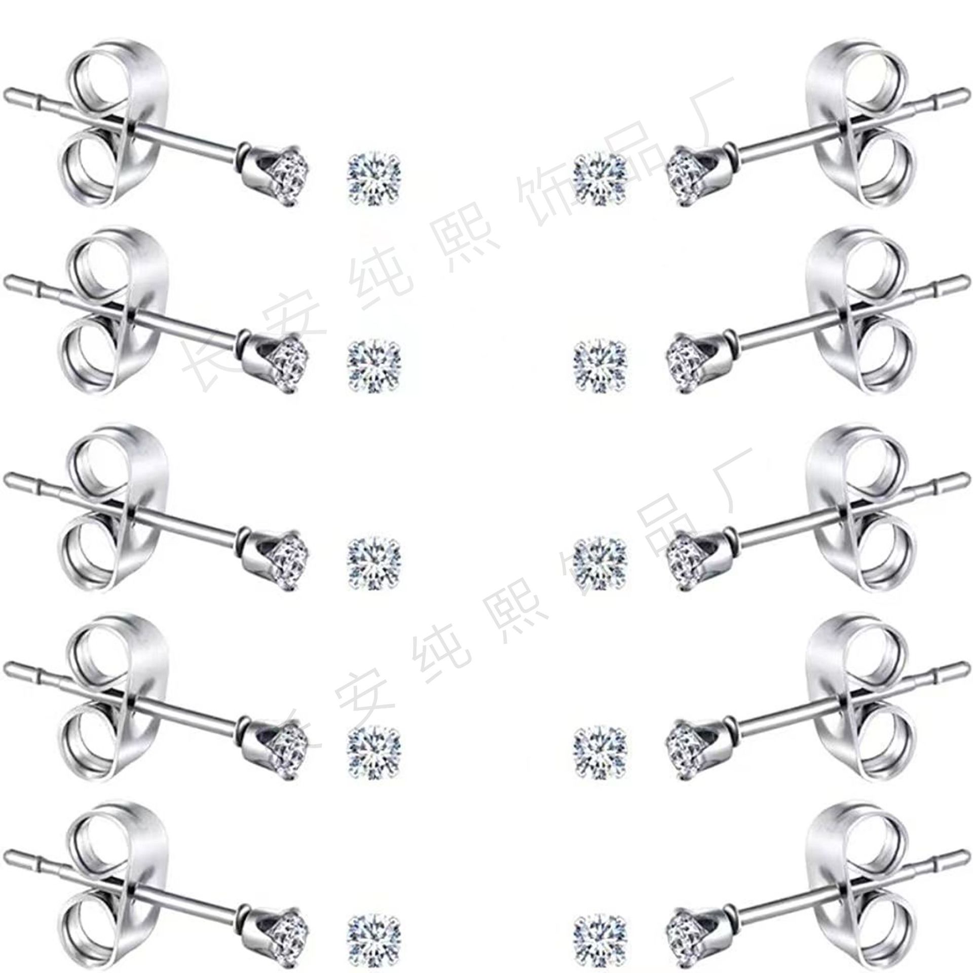 跨境专供316不锈钢2mm玫瑰金锆石耳钉低过敏简约女耳钉耳骨钉套装