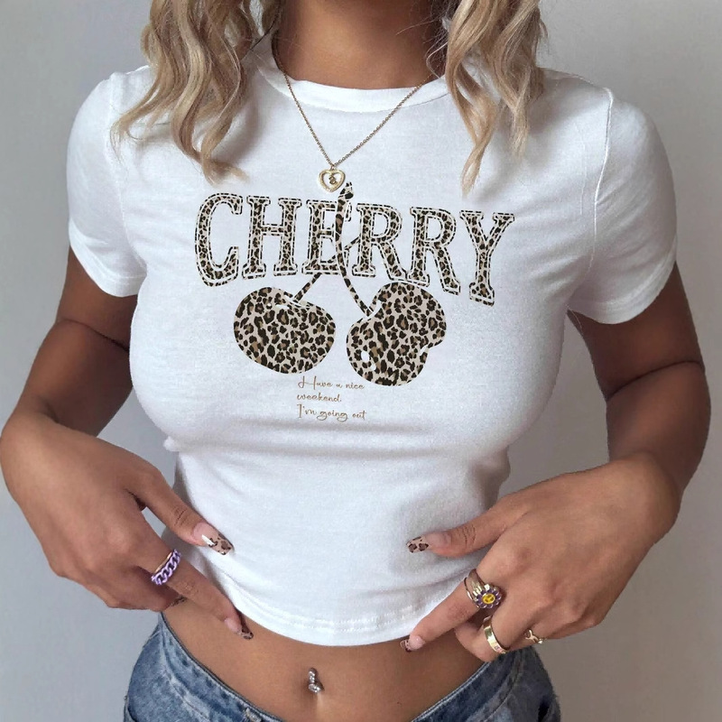 European and American Amazon Independent Station Explosions CHERRY Leopard Print Cherry Slim Short T-Shirt Women's Fashion Baby T