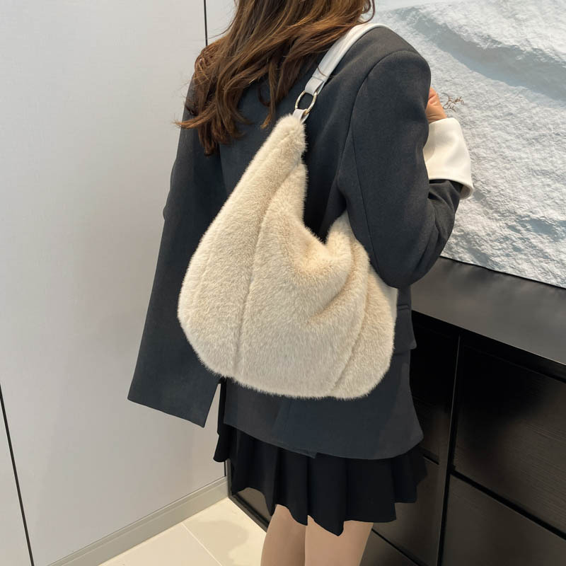 Plush women's new handbag, single shoulder crossbody bag, large capacity, autumn and winter casual tote, plush bag_voghion.com