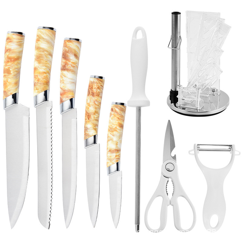 Cabeza de doble galvanoplastia cubierta por lotes mango de mármol con soporte para cuchillo cuchillo de chef cuchillo de fruta serie de utensilios de cocina