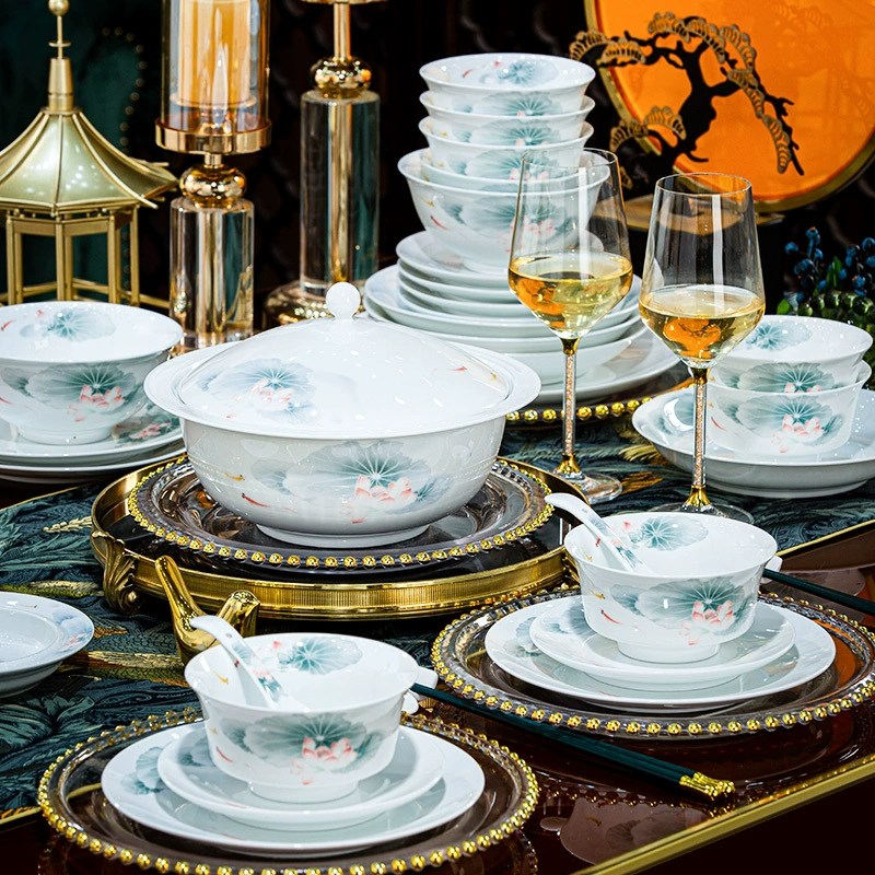 Набор посуды из китайской манеры Jingdezhen с подглазурной росписью, белая фарфоровая высокотемпературная, чаши и тарелки для дома, роскошные подарки высокого класса