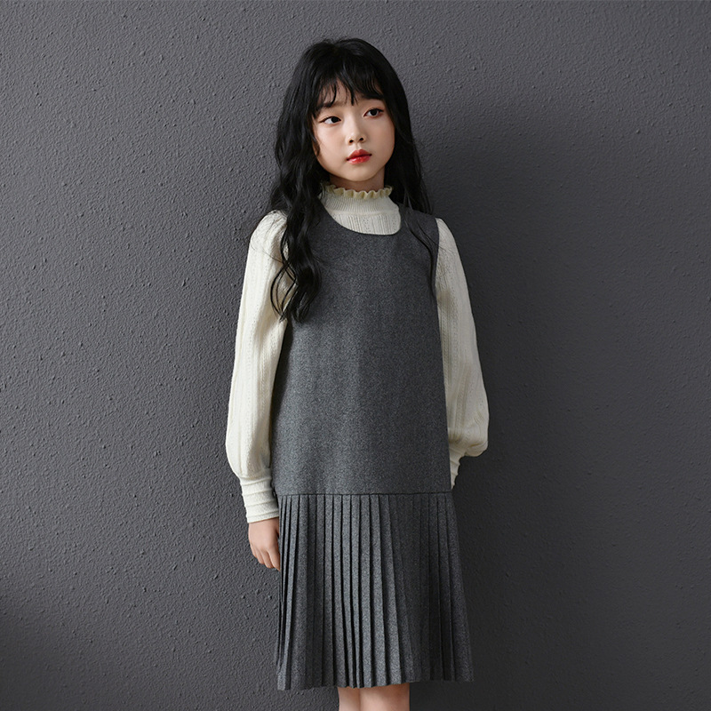 Chaleco de niña vestido de falda de chaleco gris claro vestido de princesa de temperamento de estilo universitario plisado