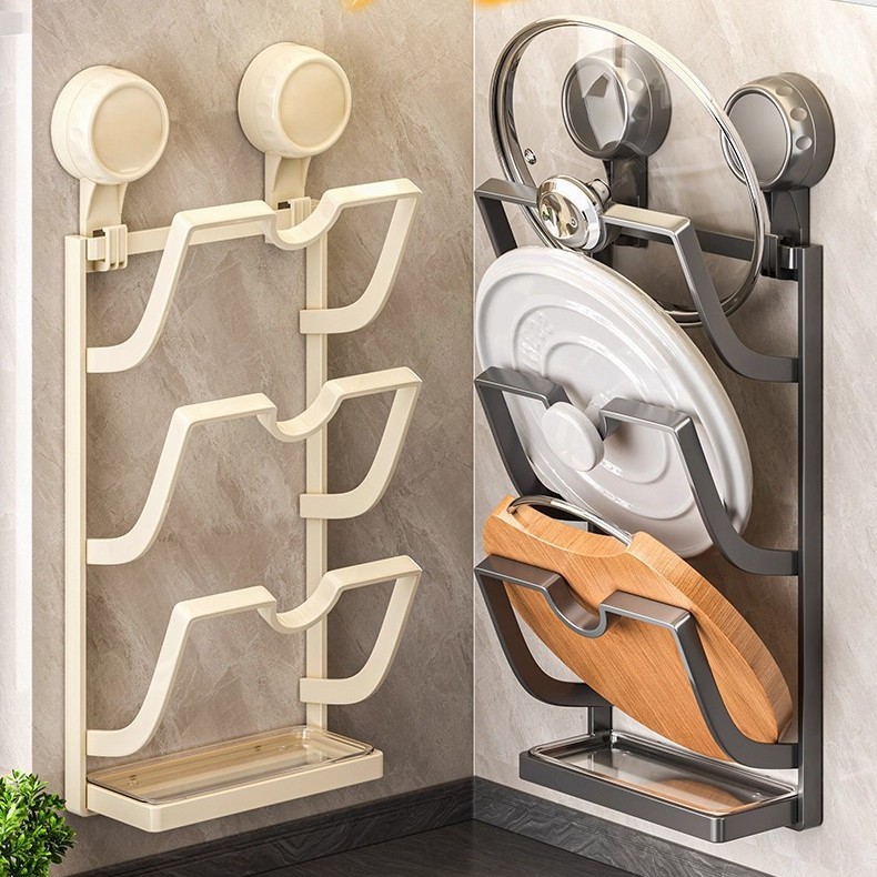 Suction Cup Pot Lid Holder Wall-Mounted No-Drill Kitchen Storage Multifunctional Household Cutting Board Holder Chopping Board Storage Rack Ff