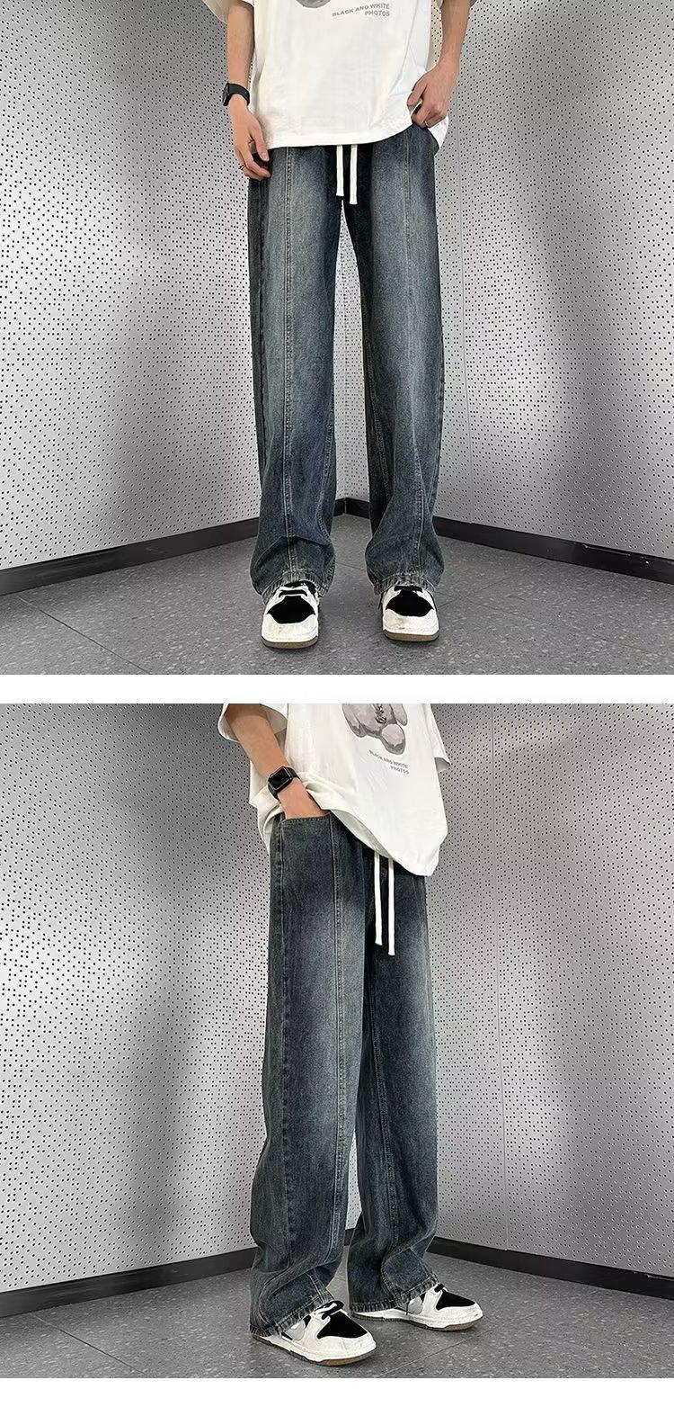 Men's Loose Straight Leg Jeans Style High Street Retro Washed Design Casual Wide Leg Pants Spring Autumn_mkmklike.com