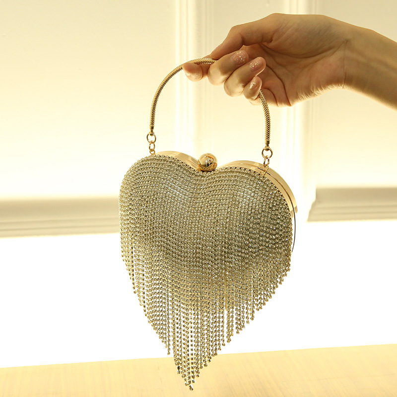Corazón de melocotón transfronterizo Bolso de mujer borla de diamantes bolsa de amor fiesta Bolsa De noche Portátil Bolsa de mensajero de cadena entrega de una pieza